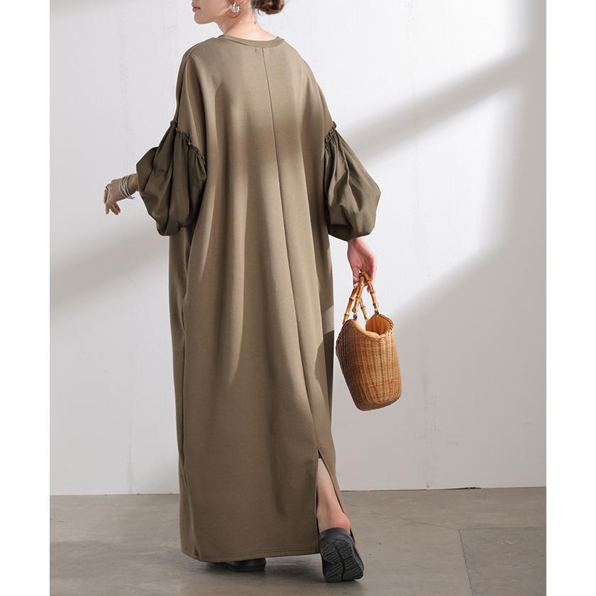 ワンピース 異素材 ロング ワンピ レディース ロングワンピース ポンチ Aライン マキシ マキシワンピース ロングワンピ ぽわん袖 長袖 クルーネック 体型カバー | HUG.U | 08