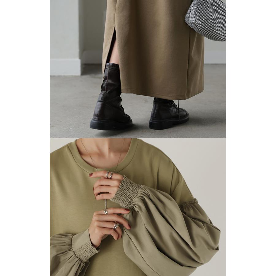 ワンピース 異素材 ロング ワンピ レディース ロングワンピース ポンチ Aライン マキシ マキシワンピース ロングワンピ ぽわん袖 長袖 クルーネック 体型カバー | HUG.U | 10