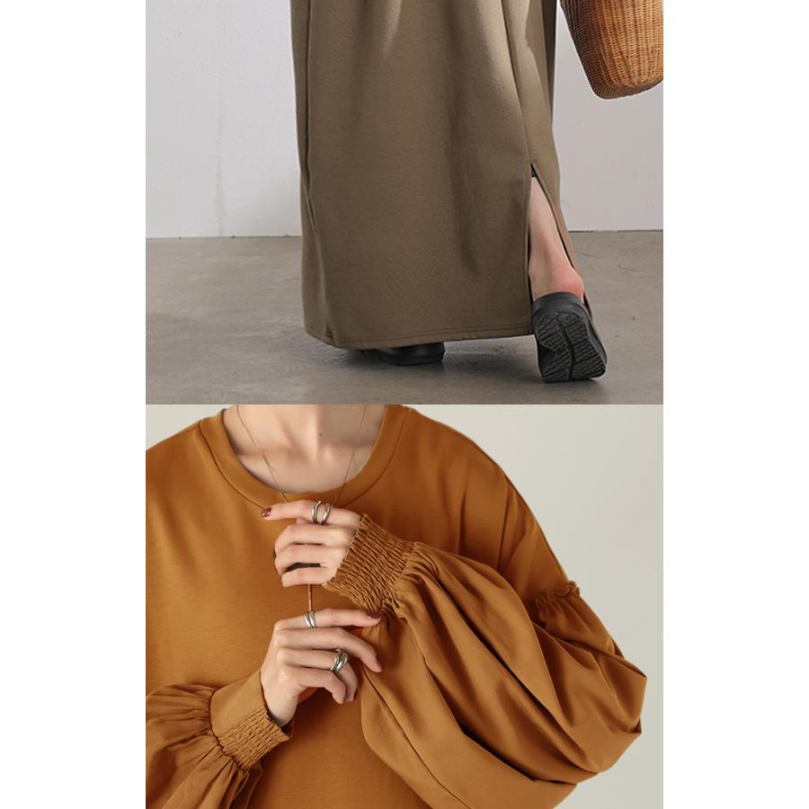 ワンピース 異素材 ロング ワンピ レディース ロングワンピース ポンチ Aライン マキシ マキシワンピース ロングワンピ ぽわん袖 長袖 クルーネック 体型カバー | HUG.U | 11