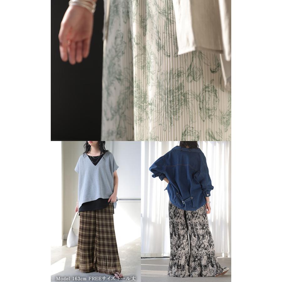 パンツ フレア シフォン プリーツ ワイド レディース ワイドパンツ ロング ロングパンツ シフォンパンツ チェック 花 柄 シワになりにくい 裏起毛 体型カバー | HUG.U | 25