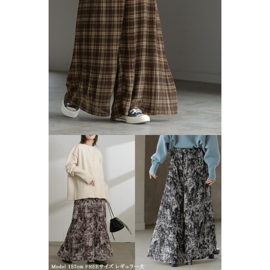 パンツ 裏起毛 秘密の暖か フレアパンツ シフォン プリーツ ワイド レディース ワイドパンツ ロング ロングパンツ 柄 シワになりにくい 体型カバー | HUG.U | 19
