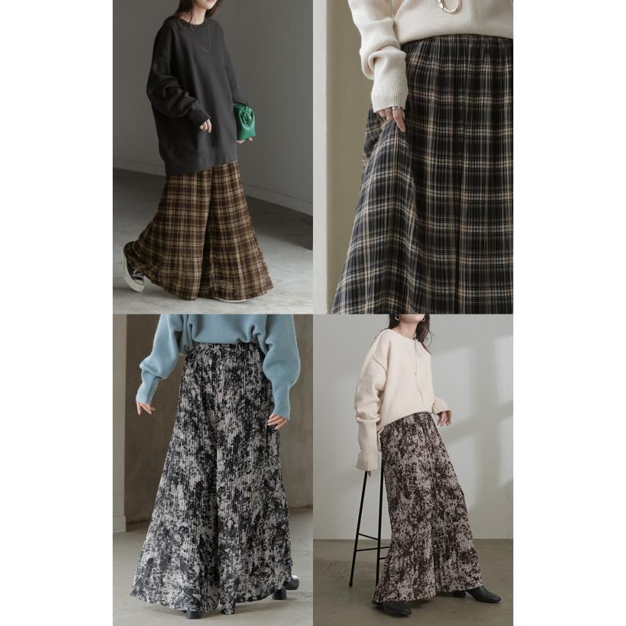 パンツ フレア シフォン プリーツ ワイド レディース ワイドパンツ ロング ロングパンツ シフォンパンツ チェック 花 柄 シワになりにくい 裏起毛 体型カバー | HUG.U | 27
