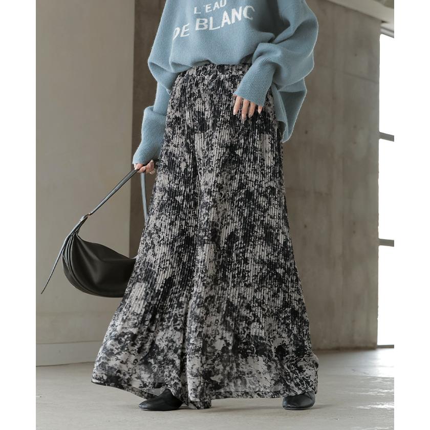 パンツ 裏起毛 秘密の暖か フレアパンツ シフォン プリーツ ワイド レディース ワイドパンツ ロング ロングパンツ 柄 シワになりにくい 体型カバー | HUG.U | 08