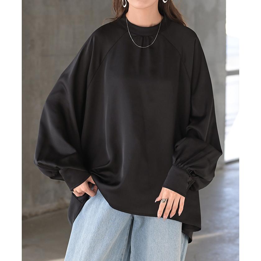 ブラウス レディース ノーカラー トップス バンドカラー シャツ ロング ロングシャツ サテン生地 長袖 無地 きれいめ ゆったり ラグランスリーブ ボリューム袖 | HUG.U | 06