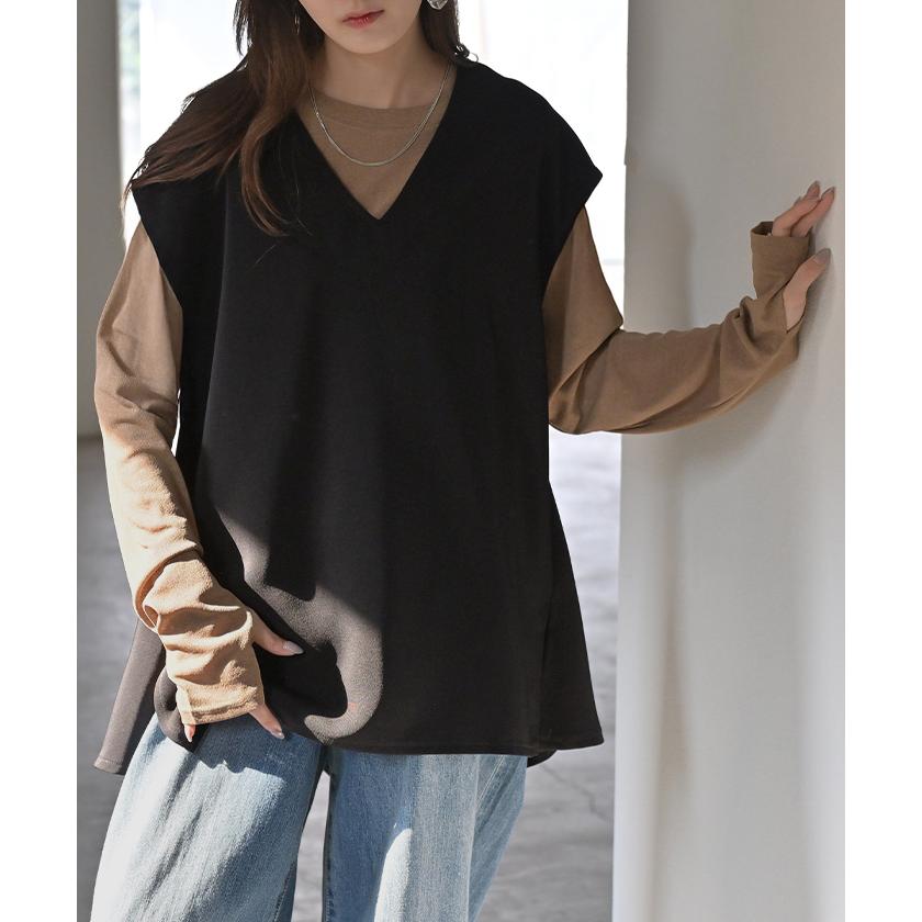 ベスト ジレ ロングベスト レディース チュニック トップス ノーカラ― Vネック ロング ロングジレ ノースリーブ 羽織 レイヤード 体型カバー きれいめ おしゃれ | HUG.U | 19