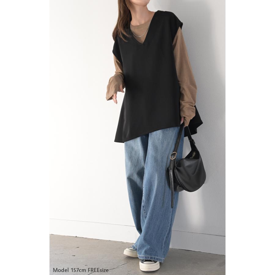 ベスト ジレ ロングベスト レディース チュニック トップス ノーカラ― Vネック ロング ロングジレ ノースリーブ 羽織 レイヤード 体型カバー きれいめ おしゃれ | HUG.U | 05