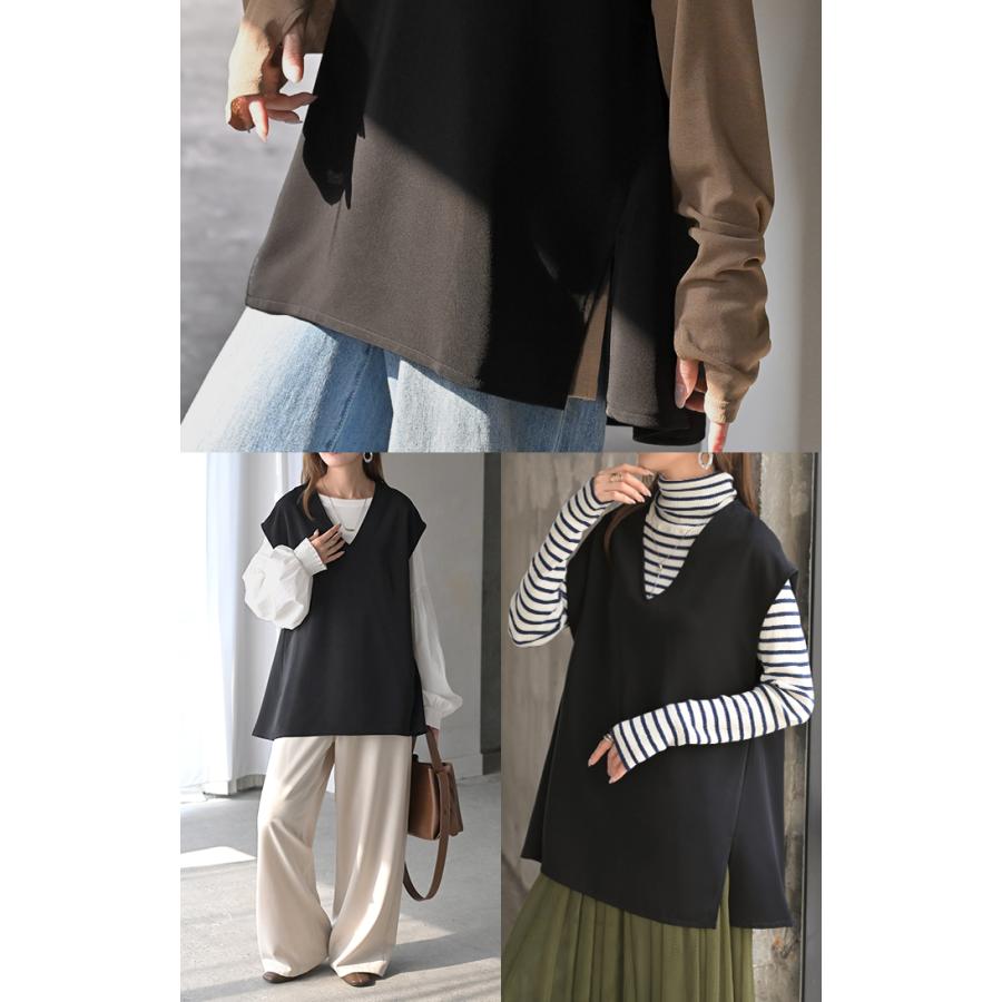 ベスト ジレ ロングベスト レディース チュニック トップス ノーカラ― Vネック ロング ロングジレ ノースリーブ 羽織 レイヤード 体型カバー きれいめ おしゃれ | HUG.U | 09