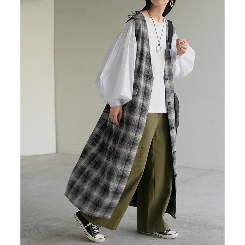 ワンピース ジレ ジャンパースカート 2way チェック ウォッシャブル サロペット レディース ロング ロングワンピース シワになりにくい 微 起毛 レイヤード | HUG.U | 12