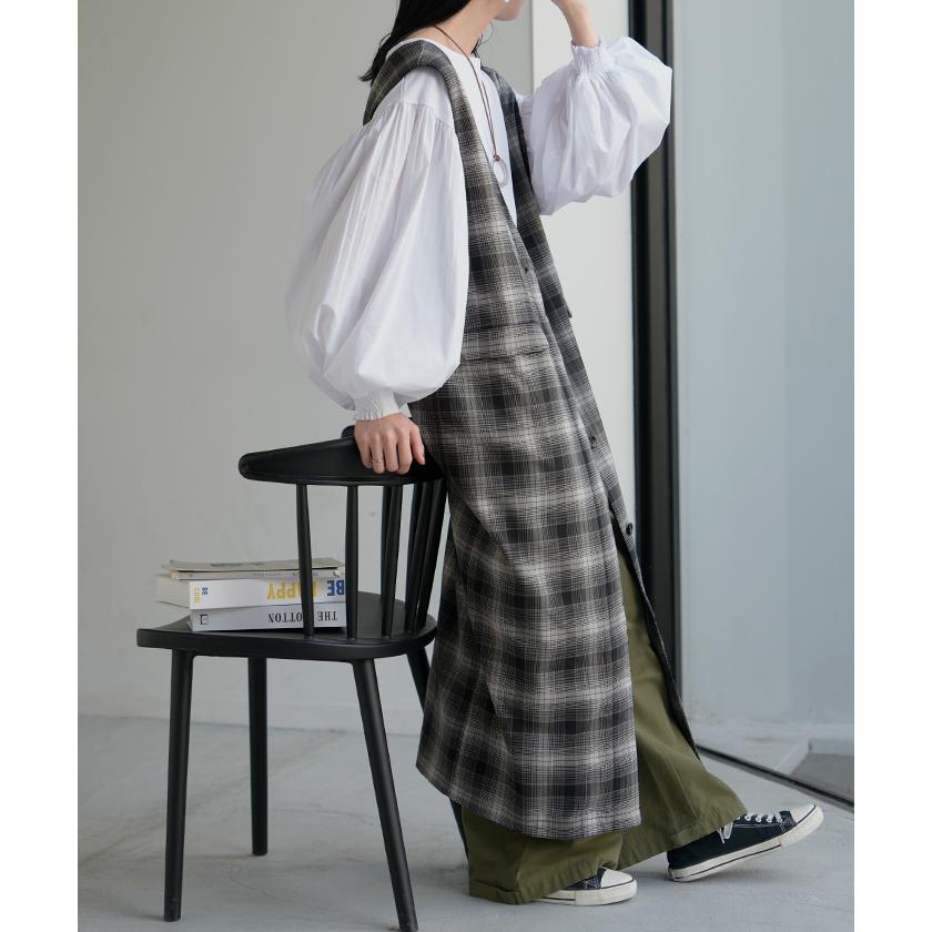ワンピース ジレ ジャンパースカート 2way チェック ウォッシャブル サロペット レディース ロング ロングワンピース シワになりにくい 微 起毛 レイヤード | HUG.U | 17