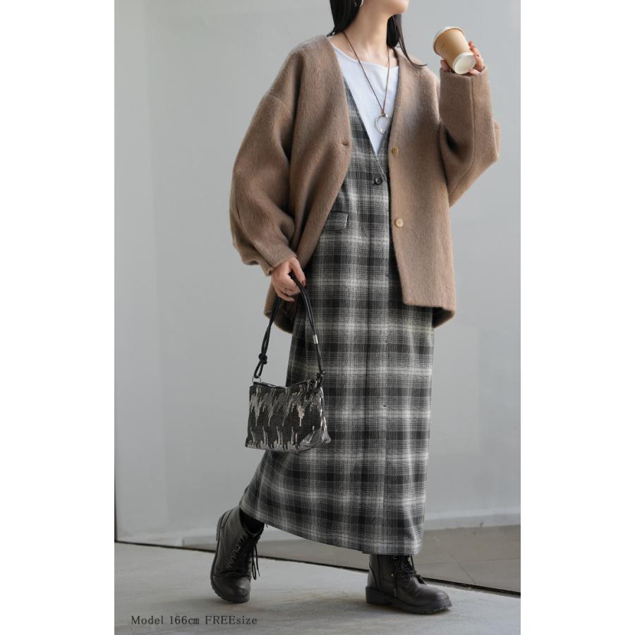 ワンピース ジレ ジャンパースカート 2way チェック ウォッシャブル サロペット レディース ロング ロングワンピース シワになりにくい 微 起毛 レイヤード | HUG.U | 06