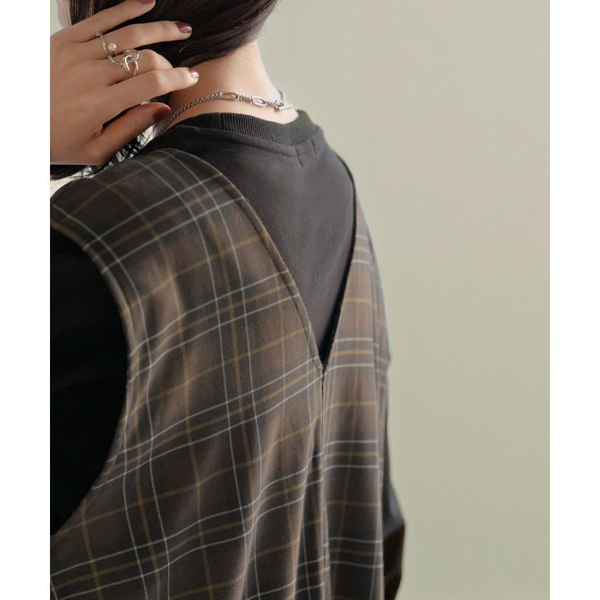 ワンピース ジレ ジャンパースカート 2way チェック ウォッシャブル サロペット レディース ロング ロングワンピース シワになりにくい 微 起毛 レイヤード | HUG.U | 07