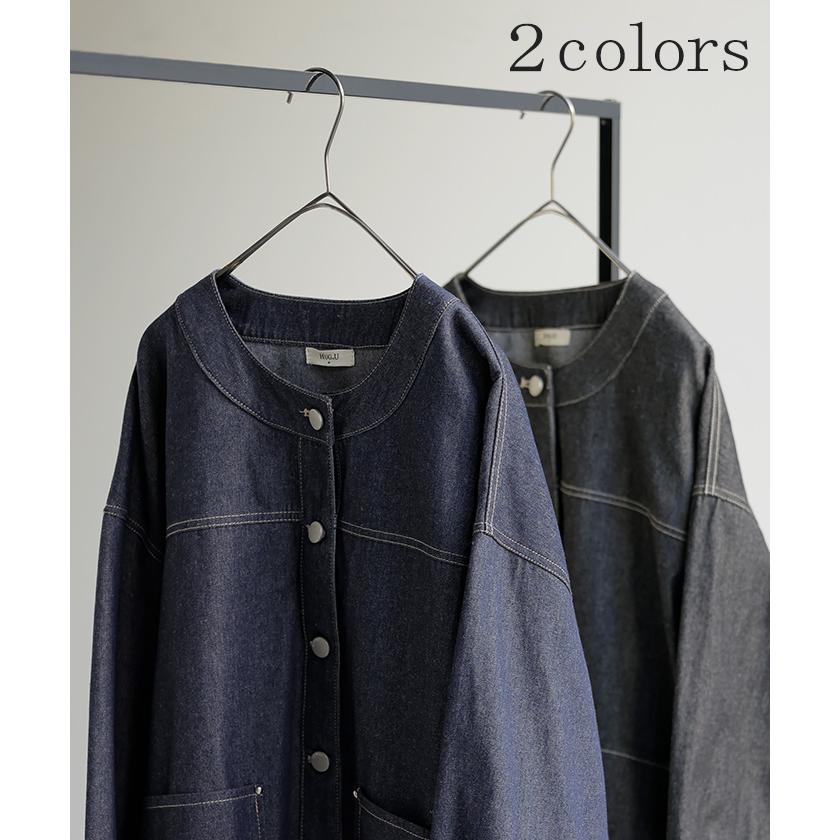 アウター ジャケット デニム バックプリーツ 異素材 MIX レディース Gジャン ロング デニムジャケット シャツ ブルゾン ノーカラー 羽織 チュニック ジーンズ | HUG.U | 11