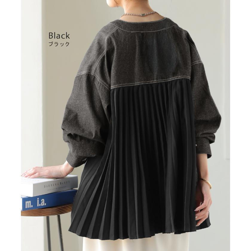 アウター ジャケット デニム バックプリーツ 異素材 MIX レディース Gジャン ロング デニムジャケット シャツ ブルゾン ノーカラー 羽織 チュニック ジーンズ | HUG.U | 13