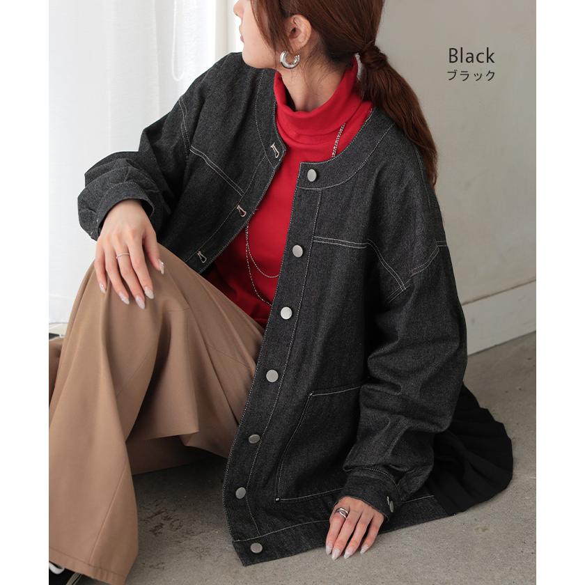 アウター ジャケット デニム バックプリーツ 異素材 MIX レディース Gジャン ロング デニムジャケット シャツ ブルゾン ノーカラー 羽織 チュニック ジーンズ | HUG.U | 13