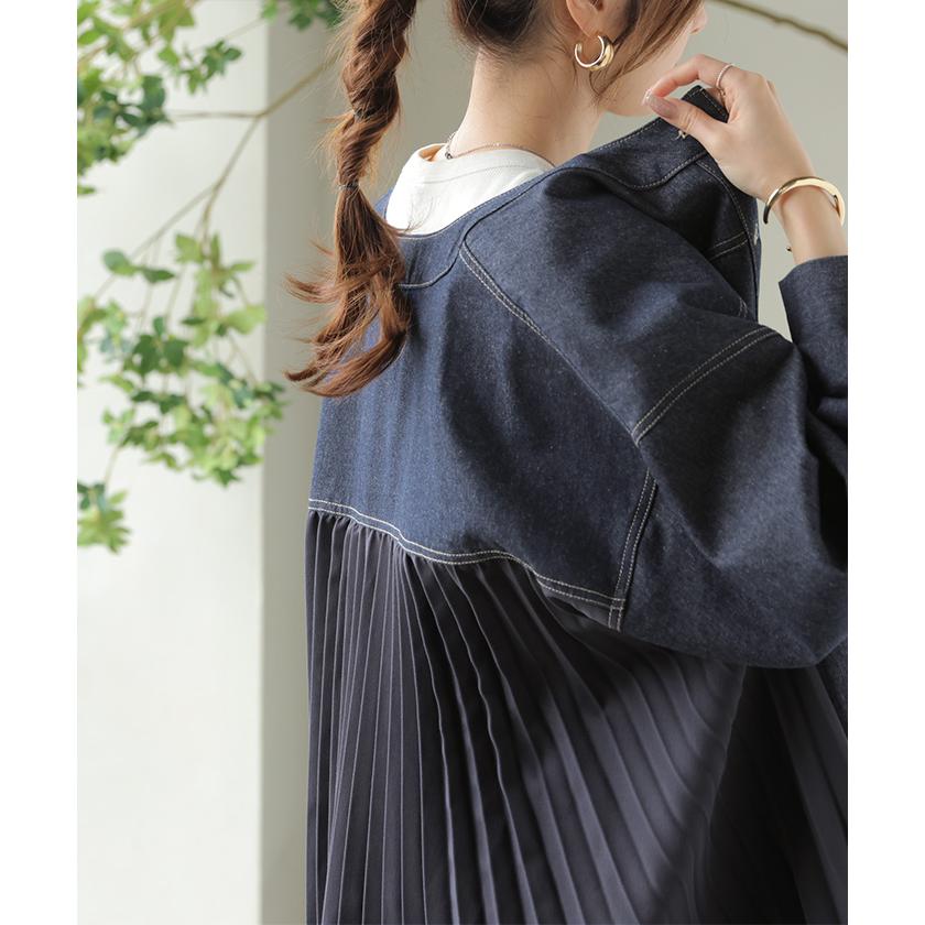 アウター ジャケット デニム バックプリーツ 異素材 MIX レディース Gジャン ロング デニムジャケット シャツ ブルゾン ノーカラー 羽織 チュニック ジーンズ | HUG.U | 16
