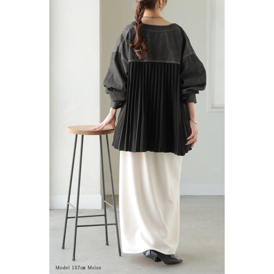 アウター ジャケット デニム バックプリーツ 異素材 MIX レディース Gジャン ロング デニムジャケット シャツ ブルゾン ノーカラー 羽織 チュニック ジーンズ | HUG.U | 17