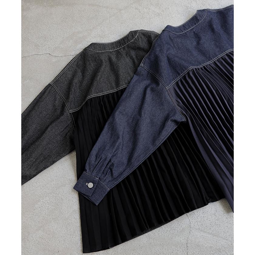 アウター ジャケット デニム バックプリーツ 異素材 MIX レディース Gジャン ロング デニムジャケット シャツ ブルゾン ノーカラー 羽織 チュニック ジーンズ | HUG.U | 20