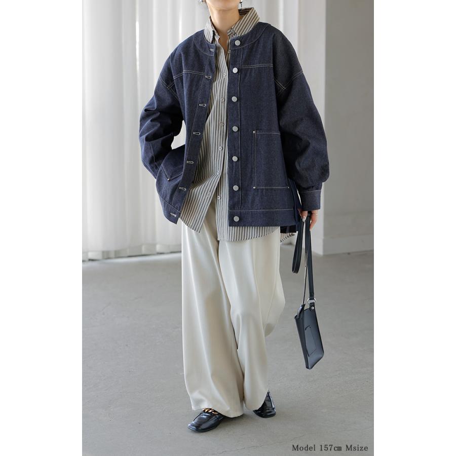 アウター ジャケット デニム バックプリーツ 異素材 MIX レディース Gジャン ロング デニムジャケット シャツ ブルゾン ノーカラー 羽織 チュニック ジーンズ | HUG.U | 04