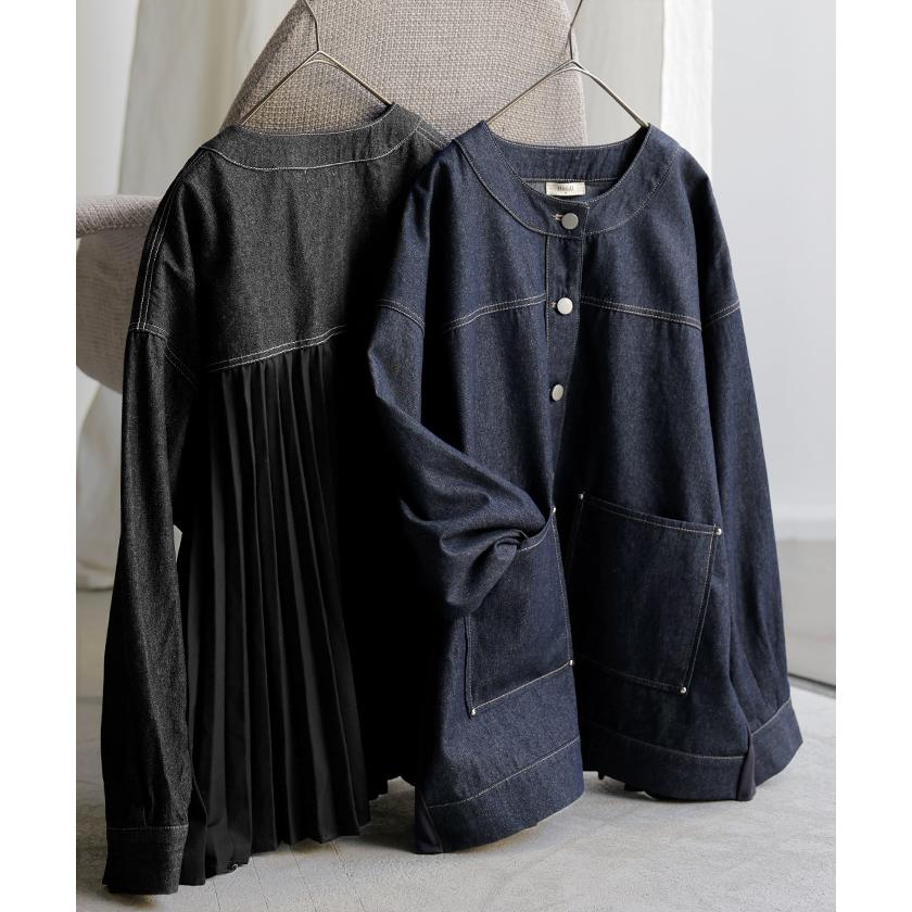 アウター ジャケット デニム バックプリーツ 異素材 MIX レディース Gジャン ロング デニムジャケット シャツ ブルゾン ノーカラー 羽織 チュニック ジーンズ | HUG.U | 05