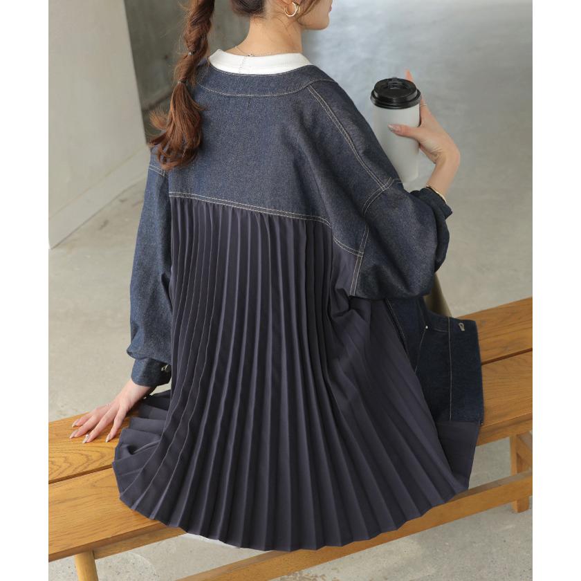 アウター ジャケット デニム バックプリーツ 異素材 MIX レディース Gジャン ロング デニムジャケット シャツ ブルゾン ノーカラー 羽織 チュニック ジーンズ | HUG.U | 06