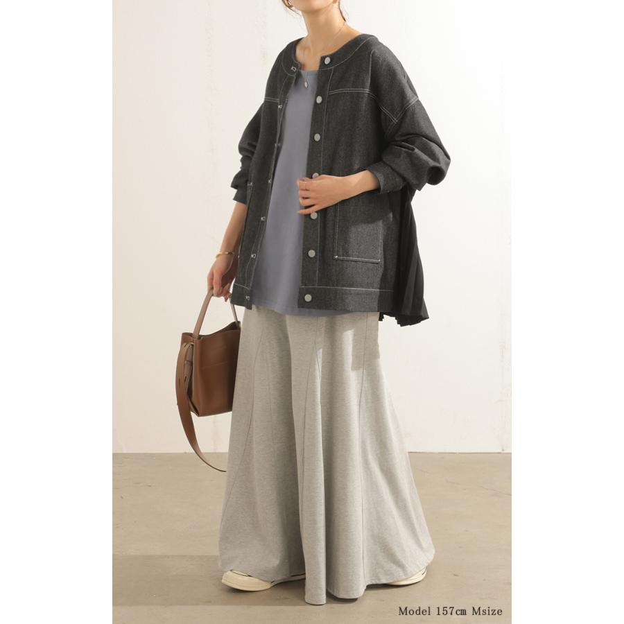 アウター ジャケット デニム バックプリーツ 異素材 MIX レディース Gジャン ロング デニムジャケット シャツ ブルゾン ノーカラー 羽織 チュニック ジーンズ | HUG.U | 10