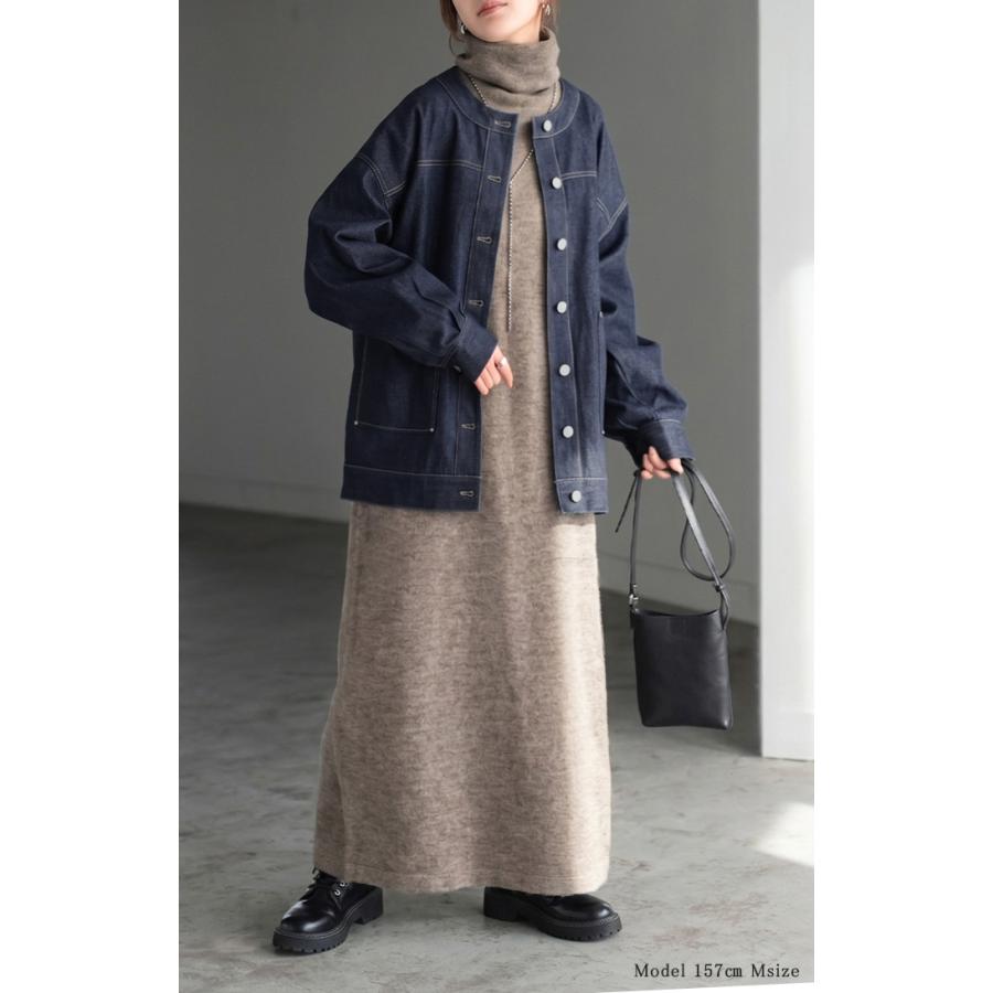 アウター ジャケット デニム バックプリーツ 異素材 MIX レディース Gジャン ロング デニムジャケット シャツ ブルゾン ノーカラー 羽織 チュニック ジーンズ | HUG.U | 10
