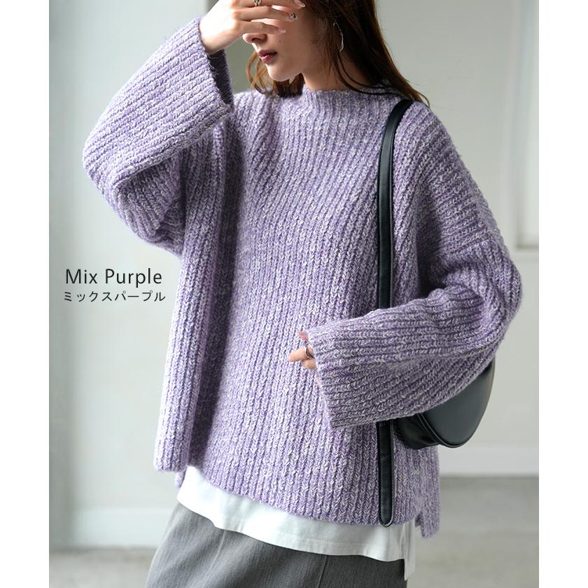 ニット メランジ ボトルネック レディース トップス セーター リブ オーバー プルオーバー リブ編み ローゲージニット ハイネック スリット | HUG.U | 17