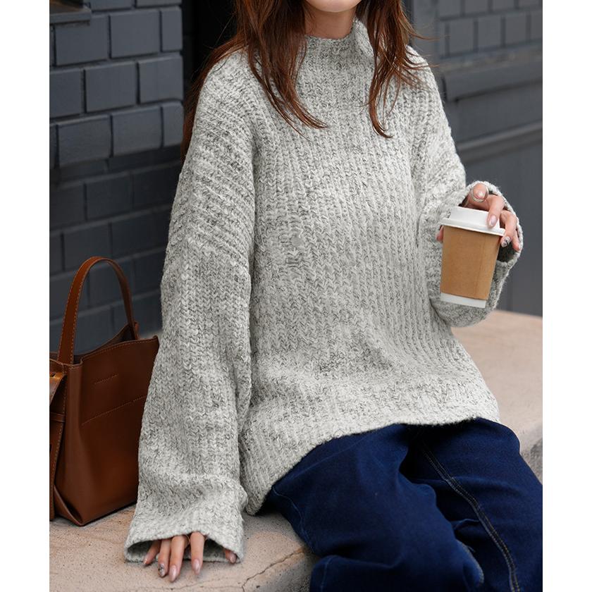 ニット メランジ ボトルネック レディース トップス セーター リブ オーバー プルオーバー リブ編み ローゲージニット ハイネック スリット | HUG.U | 23