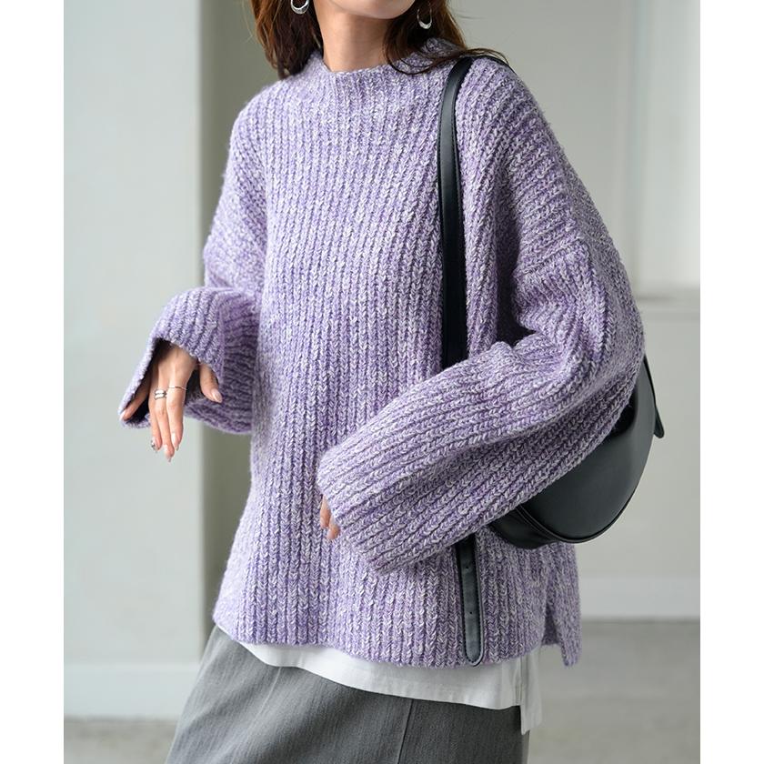 ニット メランジ ボトルネック レディース トップス セーター リブ オーバー プルオーバー リブ編み ローゲージニット ハイネック スリット | HUG.U | 08