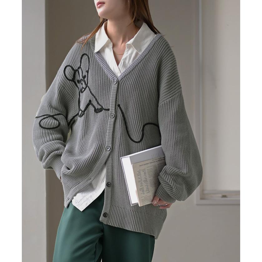 ジャケット・アウター Hug knit cardigan HUG.U（ハグユー） カーディガン 刺繍 犬 綿100 フレンチブルドッグ