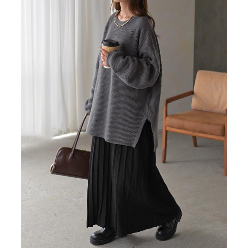 ニット ワンピース 2点セット セットアップ プリーツ レディース トップス アンサンブル セーター プルオーバー 異素材 ドッキング ワンピ ロングワンピース | HUG.U | 07