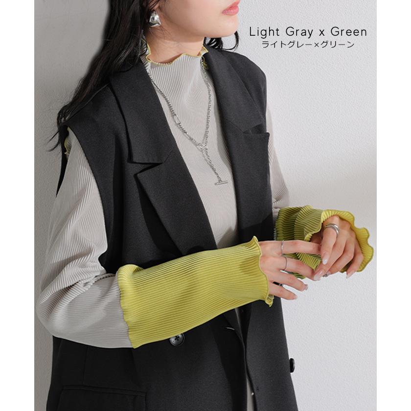 トップス プリーツ インナー バイカラー レディース 長袖 ストレッチ レイヤード 配色 リブ メロウ 重ね着 ボトルネック ハイネック シワになりにくい 華奢見え | HUG.U | 12