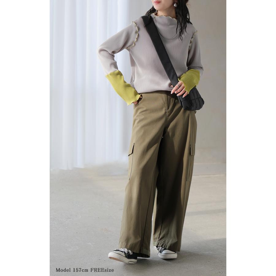 トップス プリーツ インナー バイカラー レディース 長袖 ストレッチ レイヤード 配色 リブ メロウ 重ね着 ボトルネック ハイネック シワになりにくい 華奢見え | HUG.U | 14