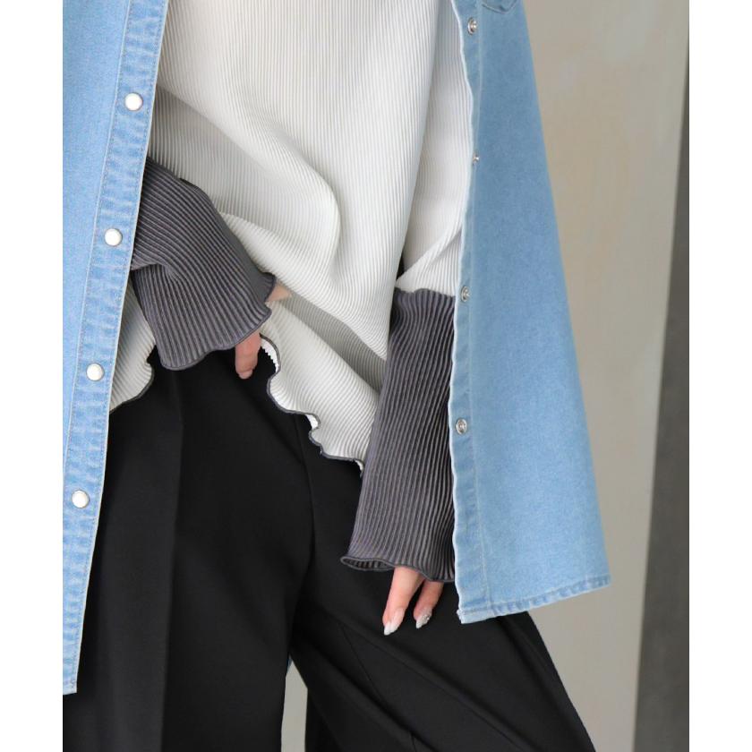 トップス プリーツ インナー バイカラー レディース 長袖 ストレッチ レイヤード 配色 リブ メロウ 重ね着 ボトルネック ハイネック シワになりにくい 華奢見え | HUG.U | 18