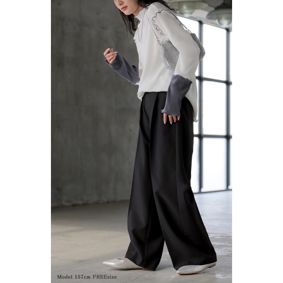 トップス プリーツ インナー バイカラー レディース 長袖 ストレッチ レイヤード 配色 リブ メロウ 重ね着 ボトルネック ハイネック シワになりにくい 華奢見え | HUG.U | 07