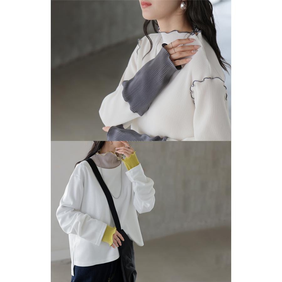 トップス プリーツ インナー バイカラー レディース 長袖 ストレッチ レイヤード 配色 リブ メロウ 重ね着 ボトルネック ハイネック シワになりにくい 華奢見え | HUG.U | 09