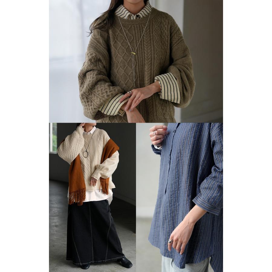 アンサンブル レディース トップス ロング セット セーター ブラウス チュニック ストライプシャツ リブ ボリュームスリーブ 重ね着 | HUG.U | 21