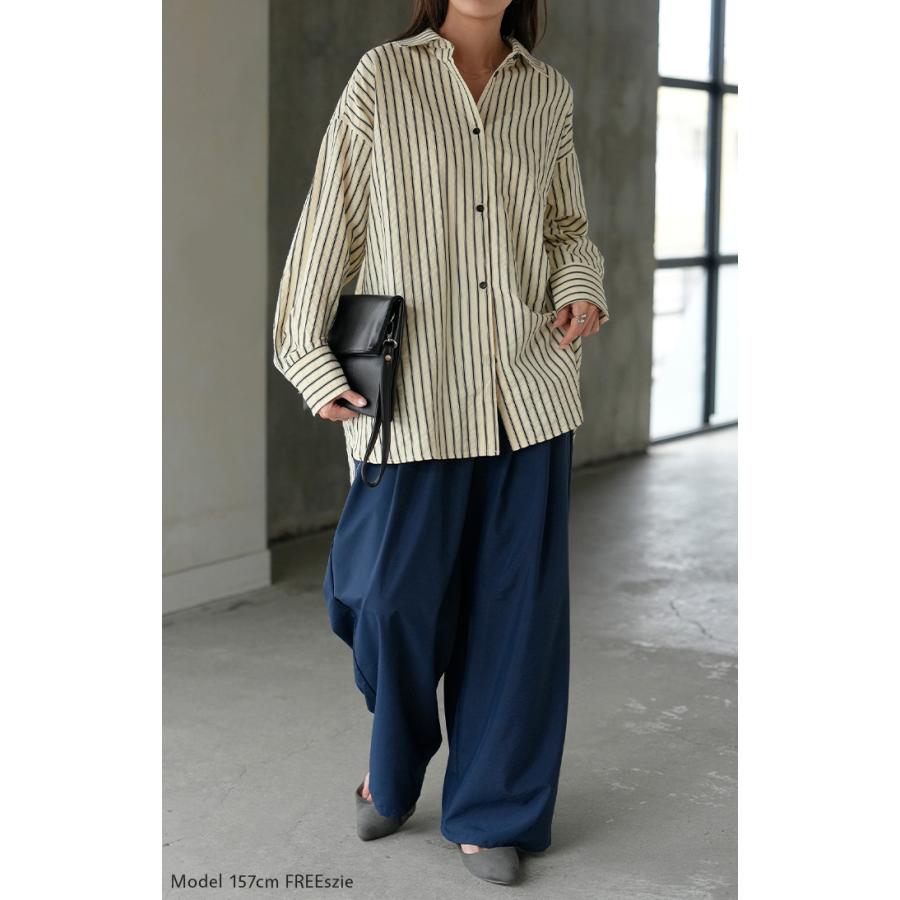 アンサンブル レディース トップス ロング セット セーター ブラウス チュニック ストライプシャツ リブ ボリュームスリーブ 重ね着 | HUG.U | 22