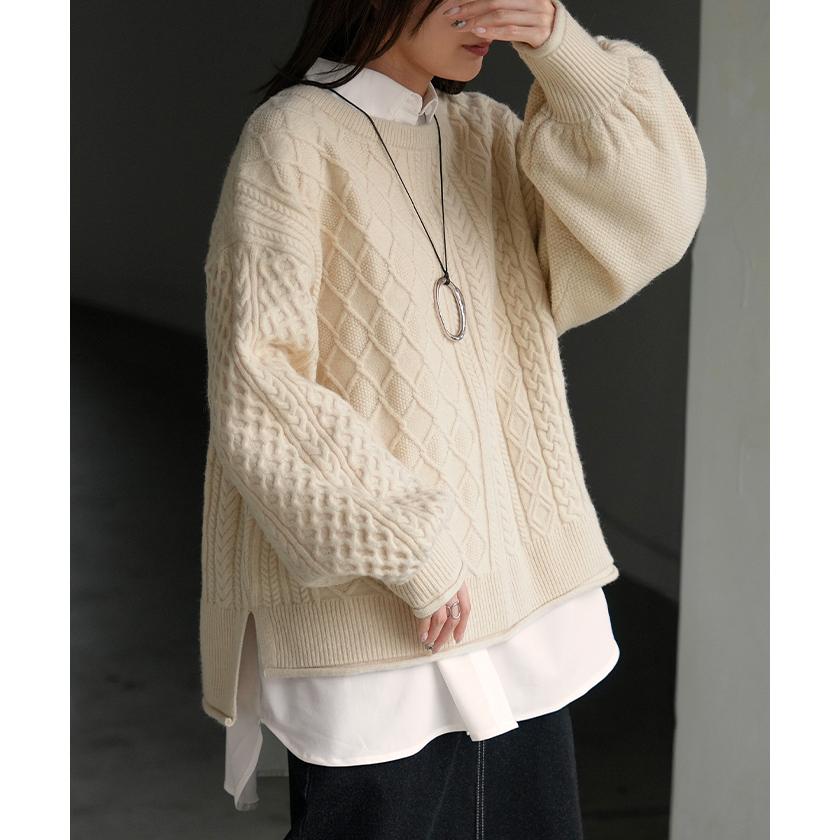 アンサンブル レディース トップス ロング セット セーター ブラウス チュニック ストライプシャツ リブ ボリュームスリーブ 重ね着 | HUG.U | 07