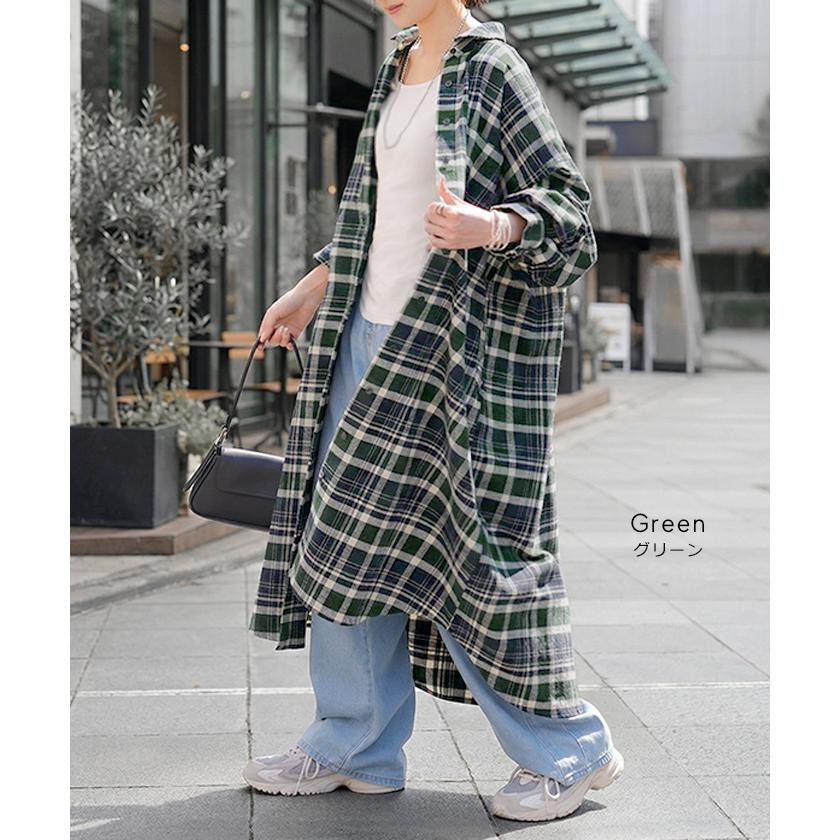 ワンピース シャツ チェック ネルシャル シャツワンピース 綿100 チェックシャツ シャツワンピ レディース ロング ロングワンピース | HUG.U | 13