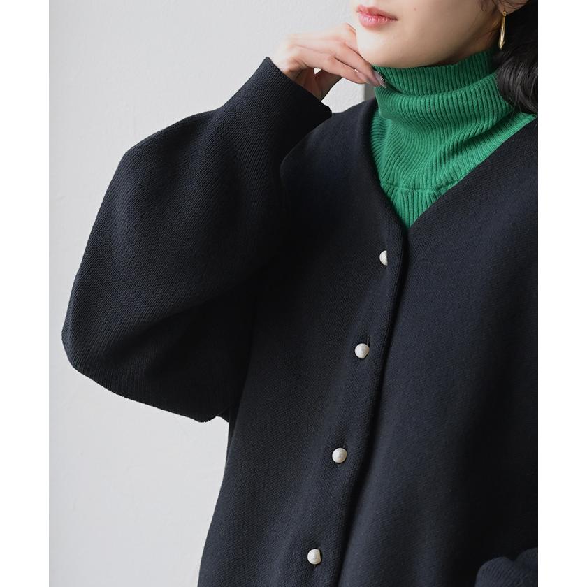 カーディガン ニット ジャスト丈 パール ボタン レディース カーデ トップス セーター オーバー プルオーバー ニットカーディガン 綿100 長袖 ロング | HUG.U | 18