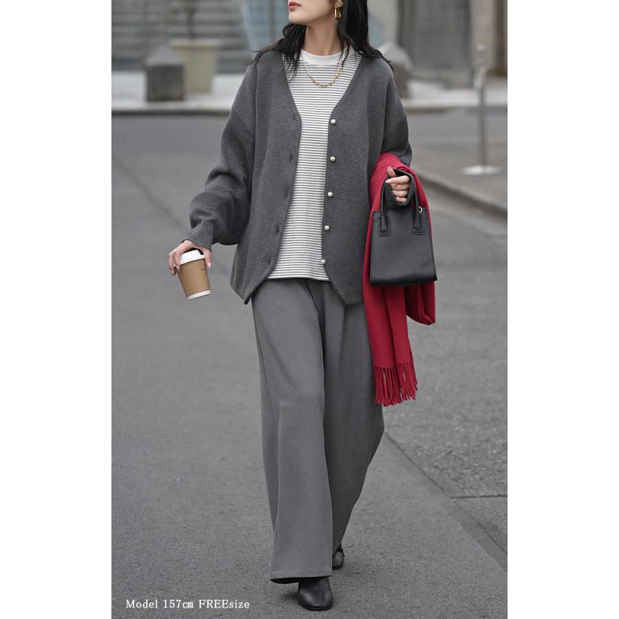 カーディガン ニット ジャスト丈 パール ボタン レディース カーデ トップス セーター オーバー プルオーバー ニットカーディガン 綿100 長袖 ロング | HUG.U | 22