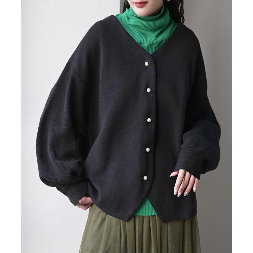 カーディガン ニット ジャスト丈 パール ボタン レディース カーデ トップス セーター オーバー プルオーバー ニットカーディガン 綿100 長袖 ロング | HUG.U | 07