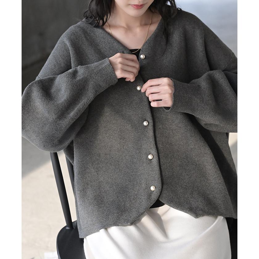 カーディガン ニット ジャスト丈 パール ボタン レディース カーデ トップス セーター オーバー プルオーバー ニットカーディガン 綿100 長袖 ロング | HUG.U | 11