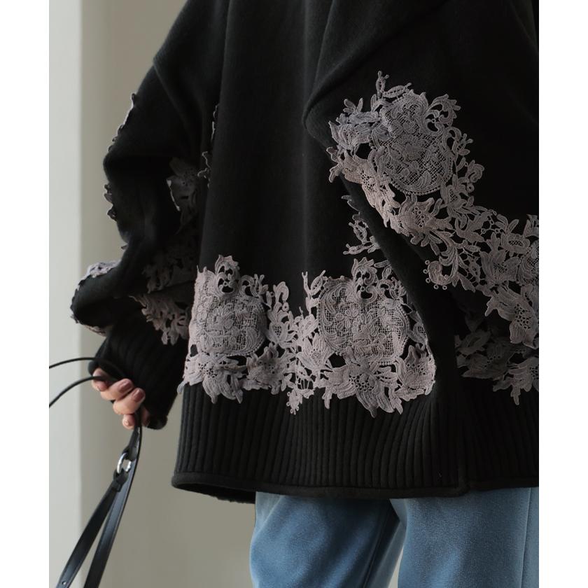 ニット カーディガン 刺繍 レース ロング レディース カーデ トップス セーター オーバー プルオーバー ニットカーディガン 長袖 タートルネック ハイネック | HUG.U | 20