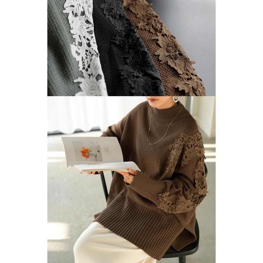 ニット レース 鹿の子 綿100 レディース トップス ロング セーター オーバー プルオーバー 長袖 長い チクチクしない ハイネック チュニック | HUG.U | 19