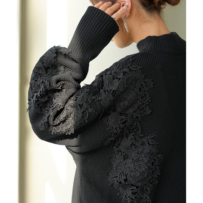 ニット レース 鹿の子 綿100 レディース トップス ロング セーター オーバー プルオーバー 長袖 長い チクチクしない ハイネック チュニック | HUG.U | 11