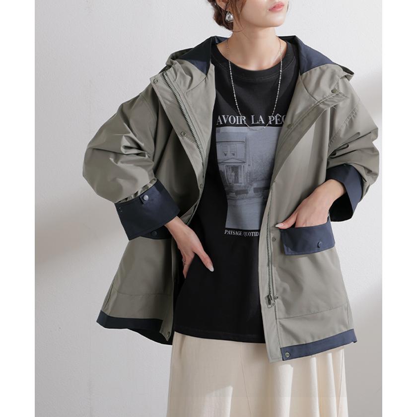 マウンテンパーカー 配色 ライトアウター レディース アウター 微 撥水 バイカラー フード ブルゾン ジャケット ジャンパー 羽織り 薄手 フーディー 体型カバー | HUG.U | 08