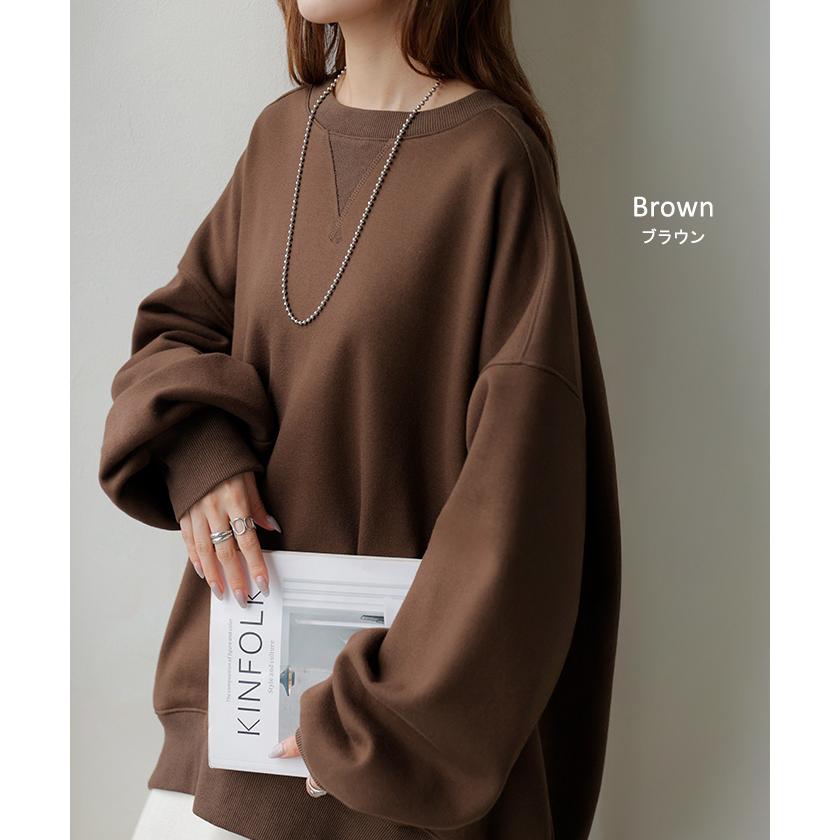 スウェット 特暖 裏シャギー レディース トップス ロング トレーナー プルオーバー 裏起毛 無地 長袖 長い クルーネック ボリュームスリーブ | HUG.U | 20