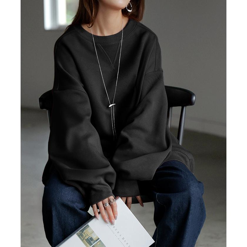 スウェット 特暖 裏シャギー レディース トップス ロング トレーナー プルオーバー 裏起毛 無地 長袖 長い クルーネック ボリュームスリーブ | HUG.U | 23